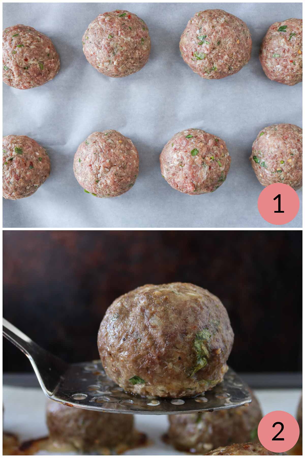Collage of before and after baking homemade meatballs.