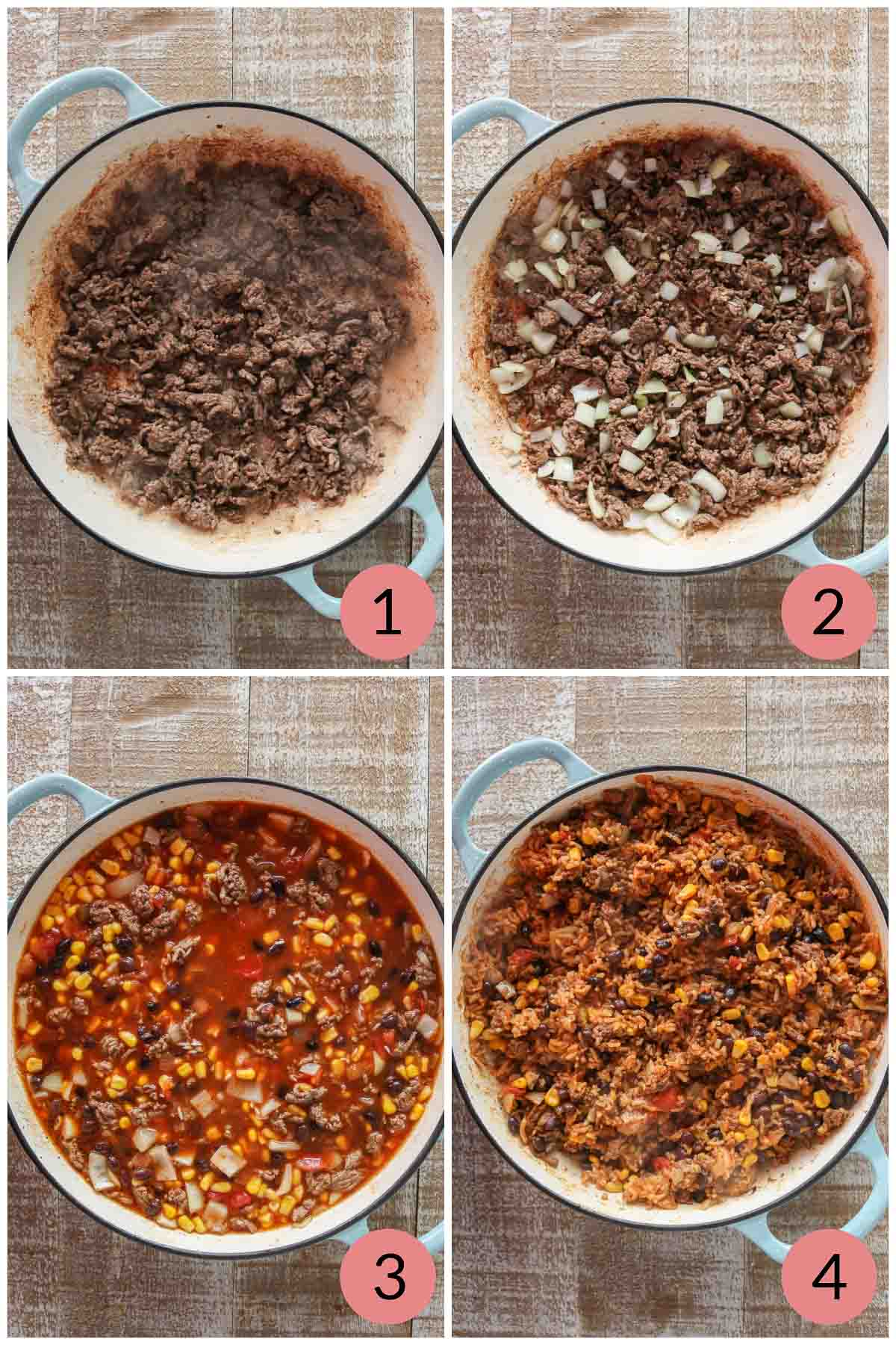Collage of steps to make a one-pan ground beef and rice recipe.
