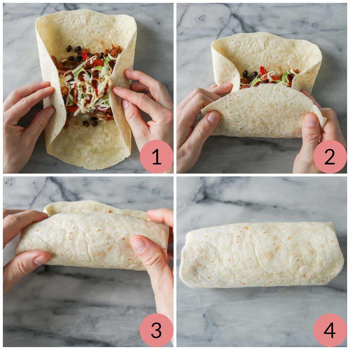 Collage of steps to fold a burrito.