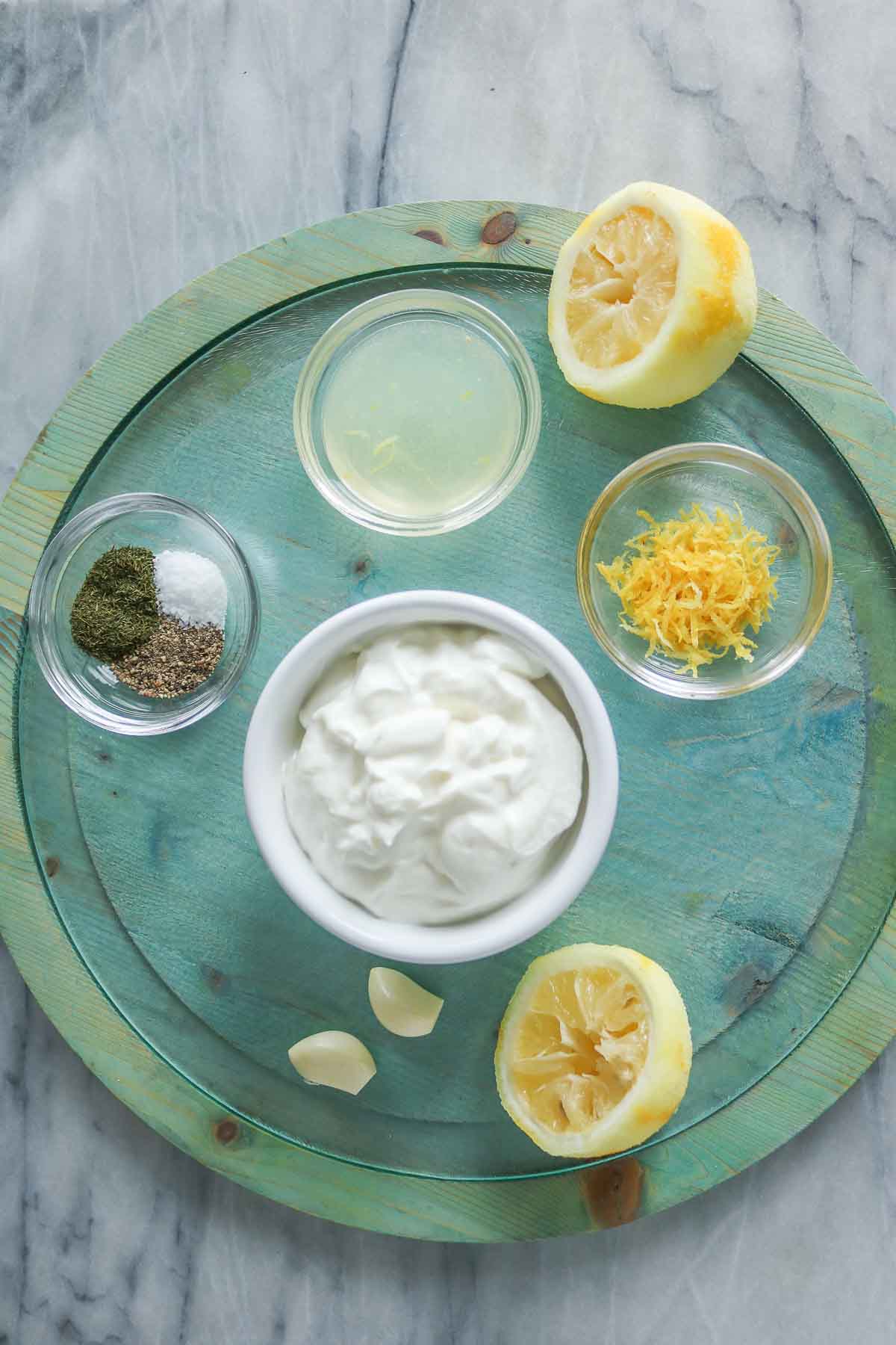 Ingredients for lemon dill yogurt sauce.