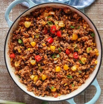 Ground beef and rice in a pan garnished with chopped tomatoes and green onion.