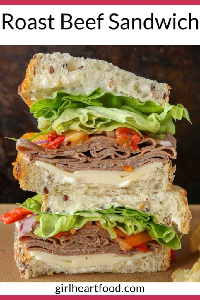 Stack of two halves of a roast beef sandwich.