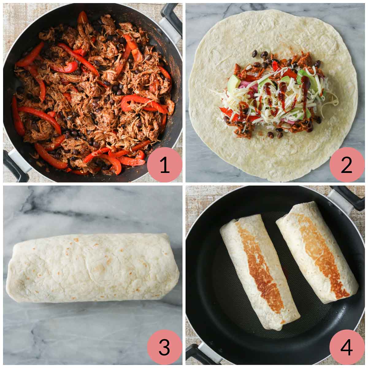 Collage of steps to make a pulled pork burrito.