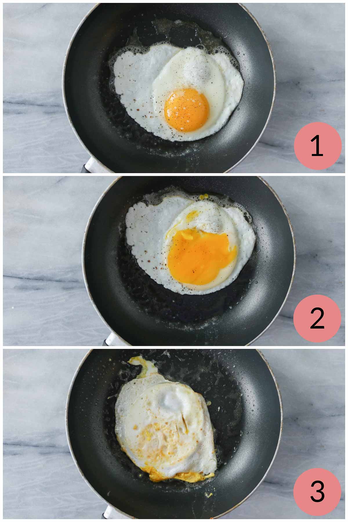 Collage of frying an egg in a nonstick pan.