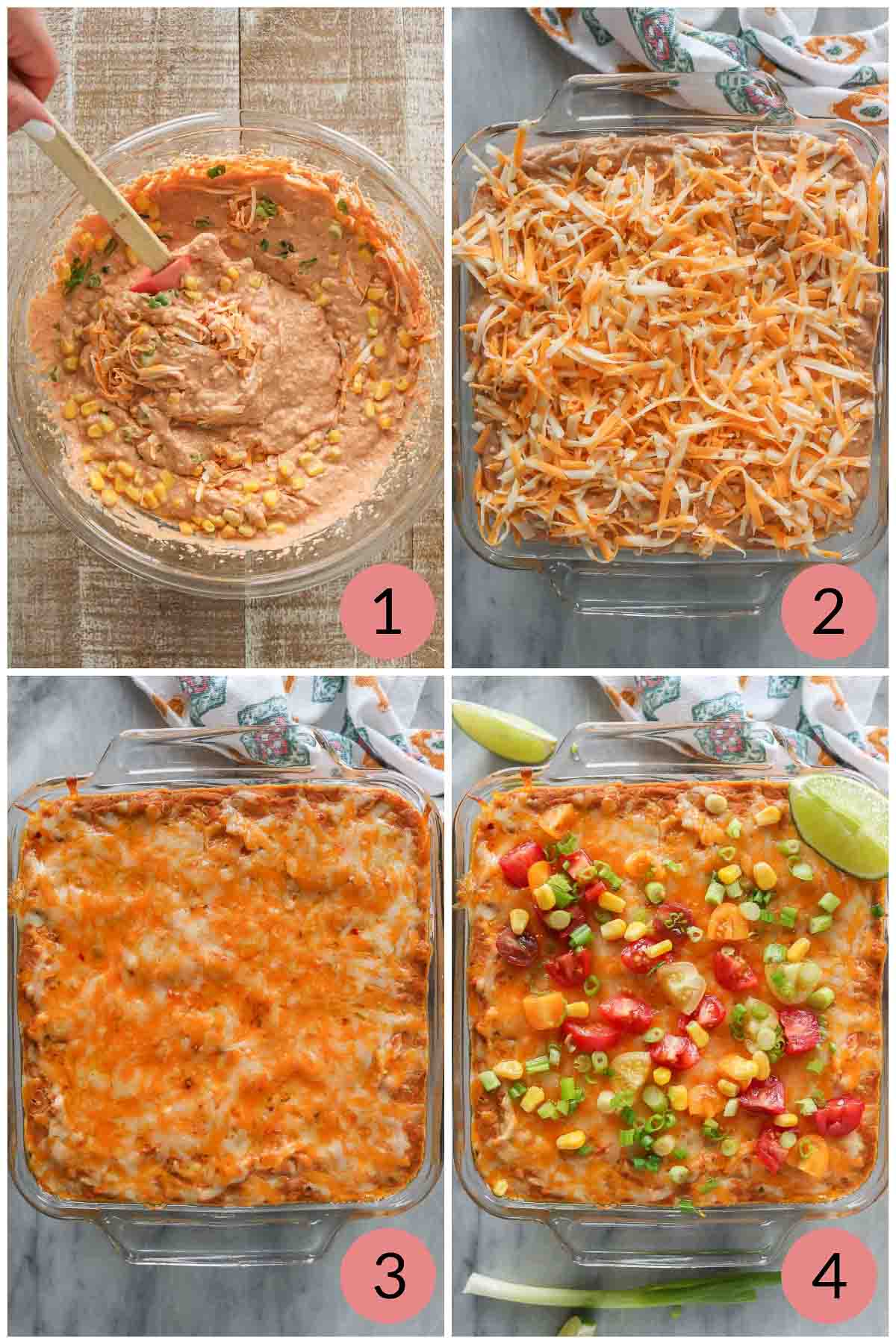 Collage of steps to make homemade bean dip.