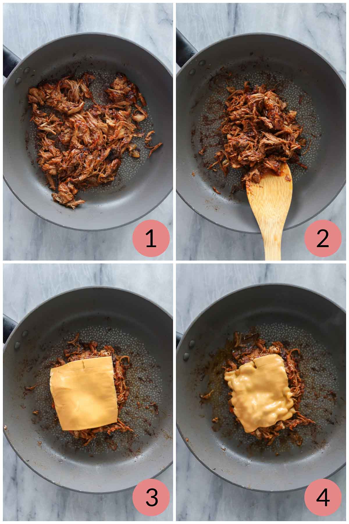 Collage of steps to make the cheesy pulled pork filling for a pulled pork sandwich.