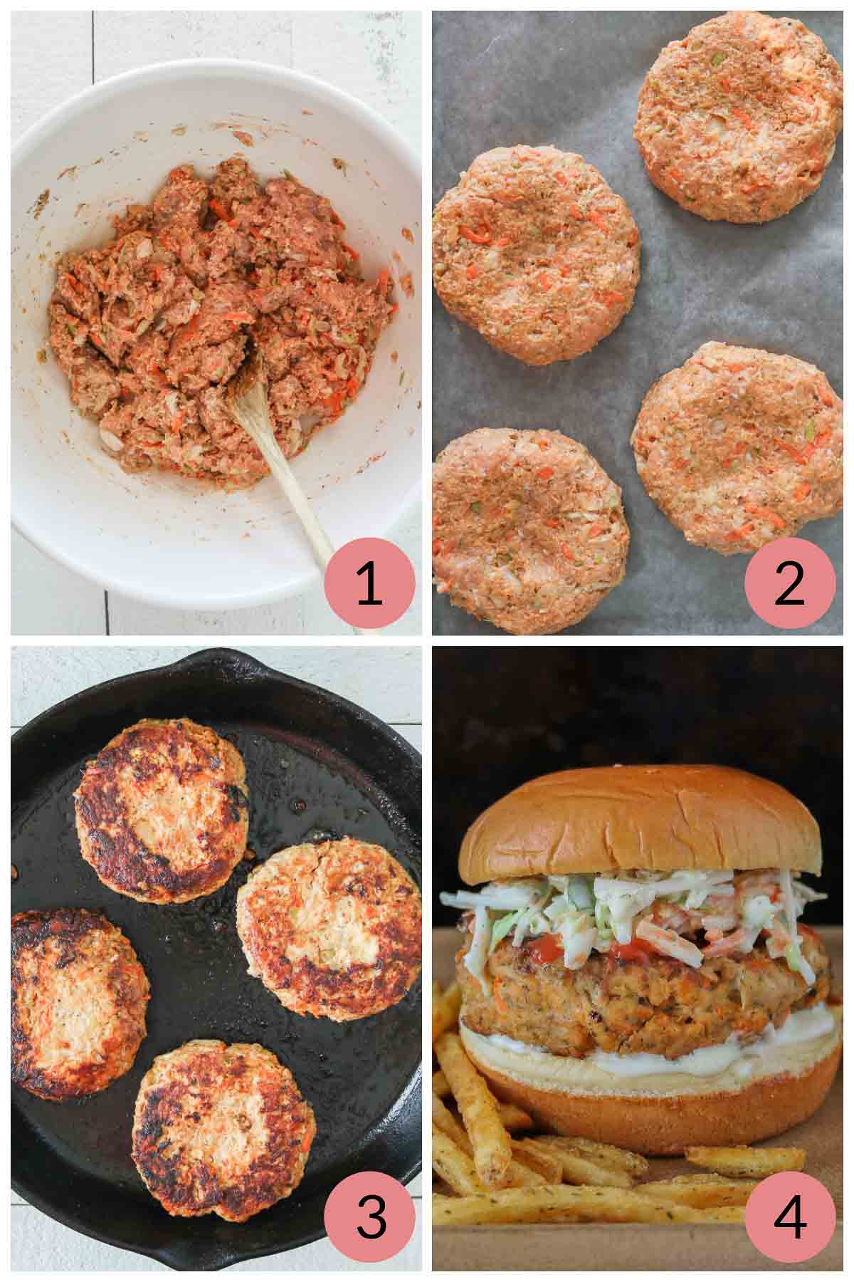 Collage of steps to make a buffalo chicken burger recipe.