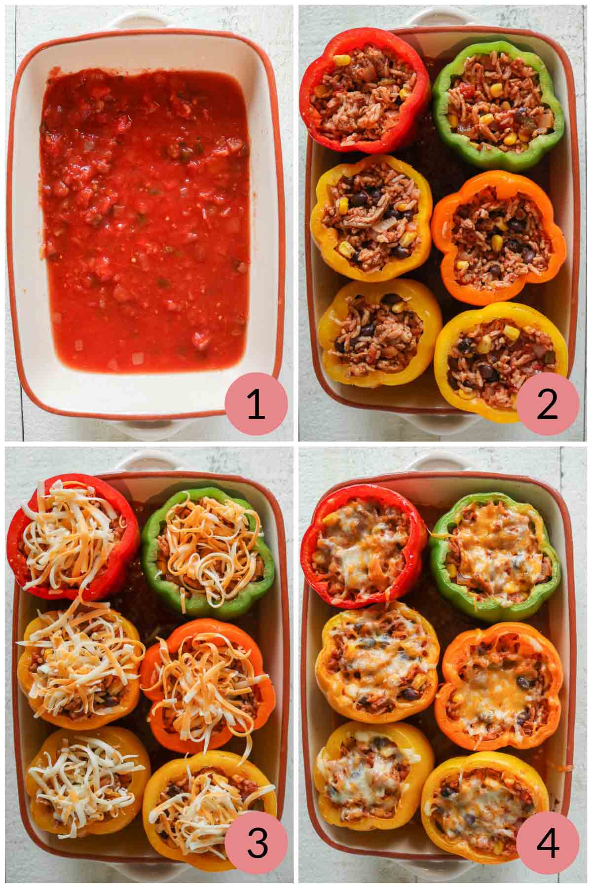 Collage of steps to stuff and bake bell peppers.