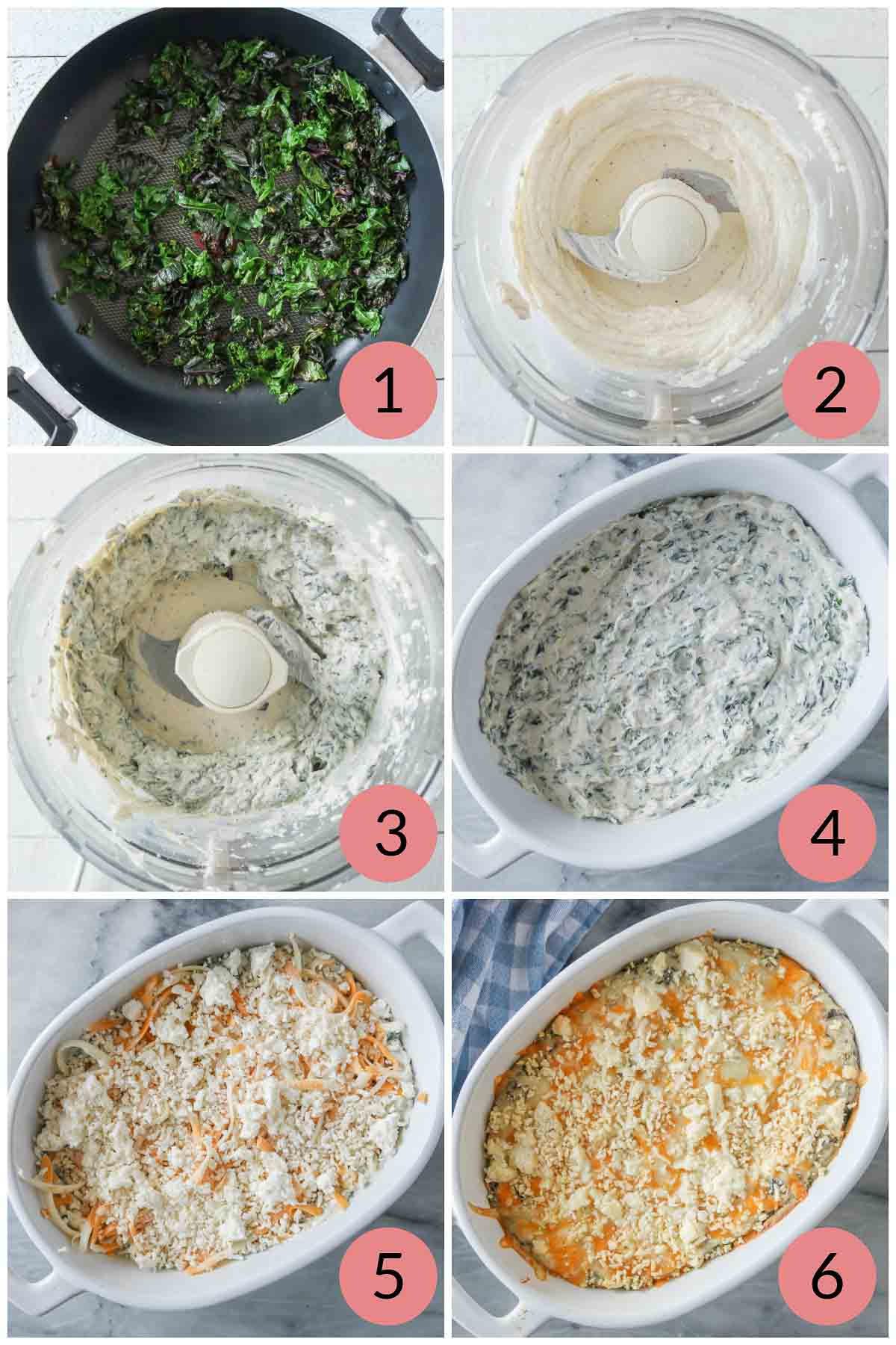 Collage of steps to make a baked kale dip recipe.