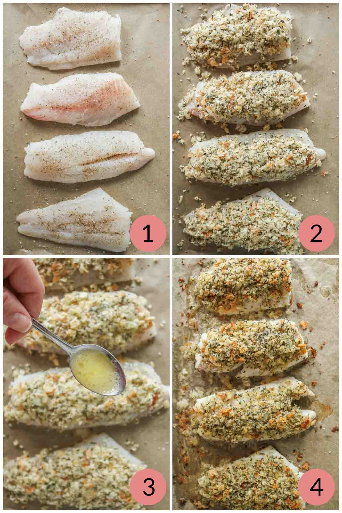 Collage of steps to make baked cod topped with dressing.