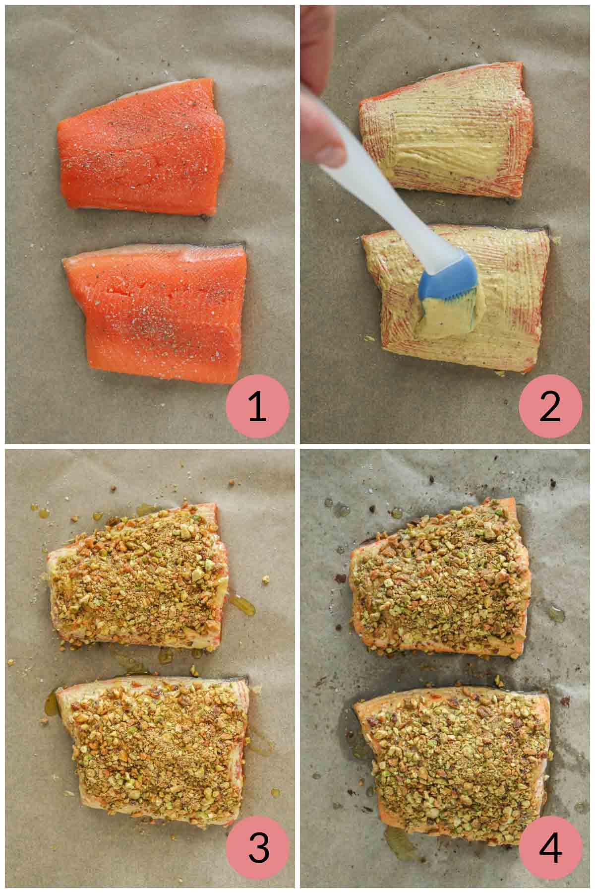 Collage of steps to make baked fish topped with pistachios.