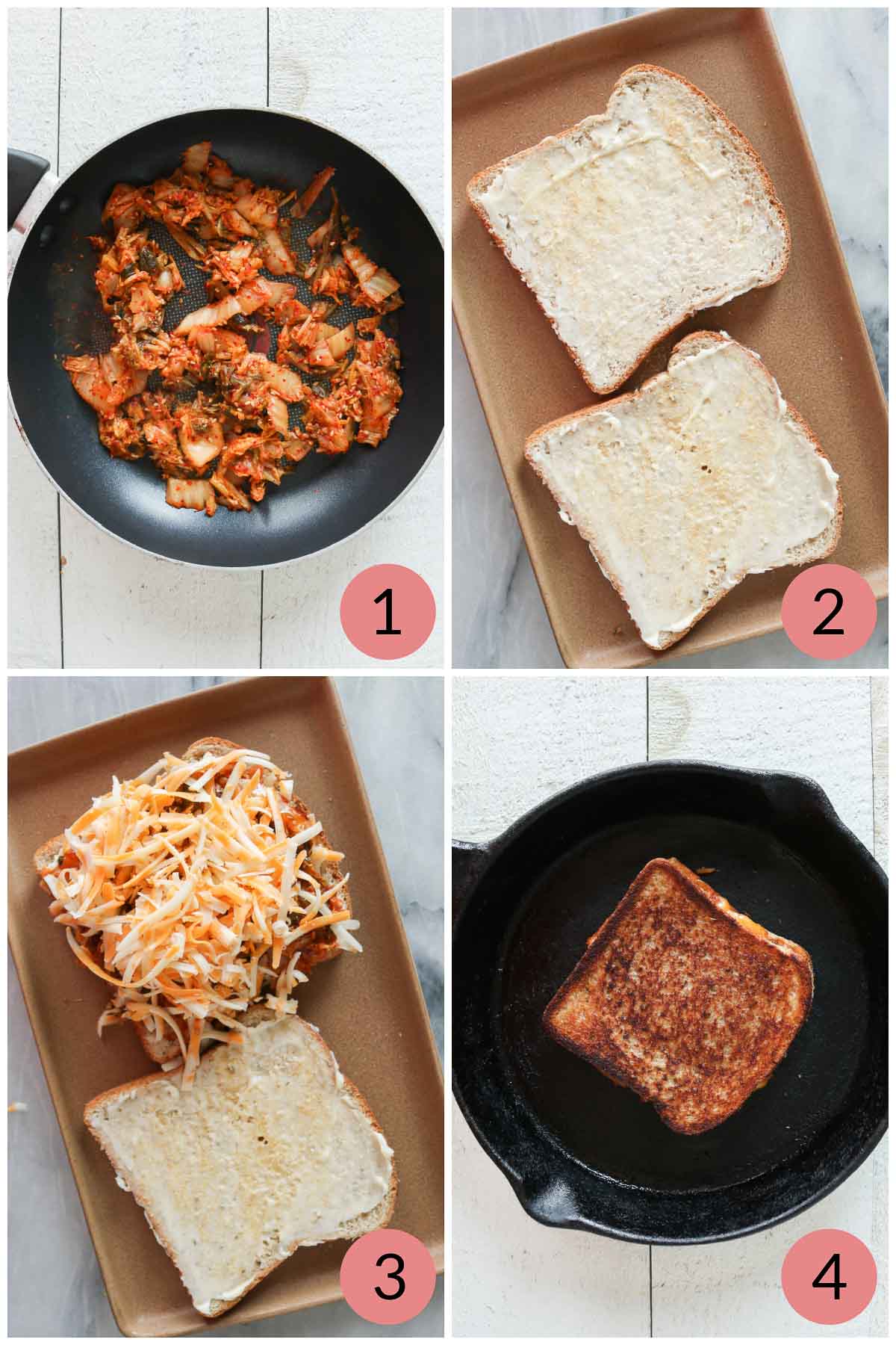 Collage of steps to make a grilled cheese sandwich with kimchi.