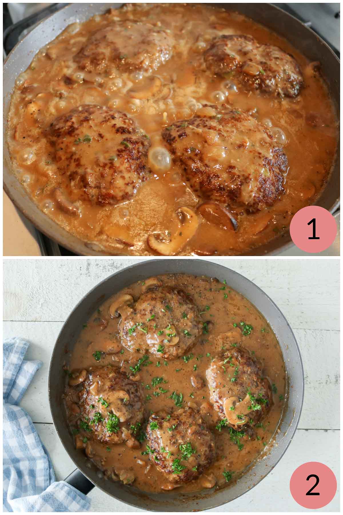 Collage of steps to cook and garnish Salisbury steak.