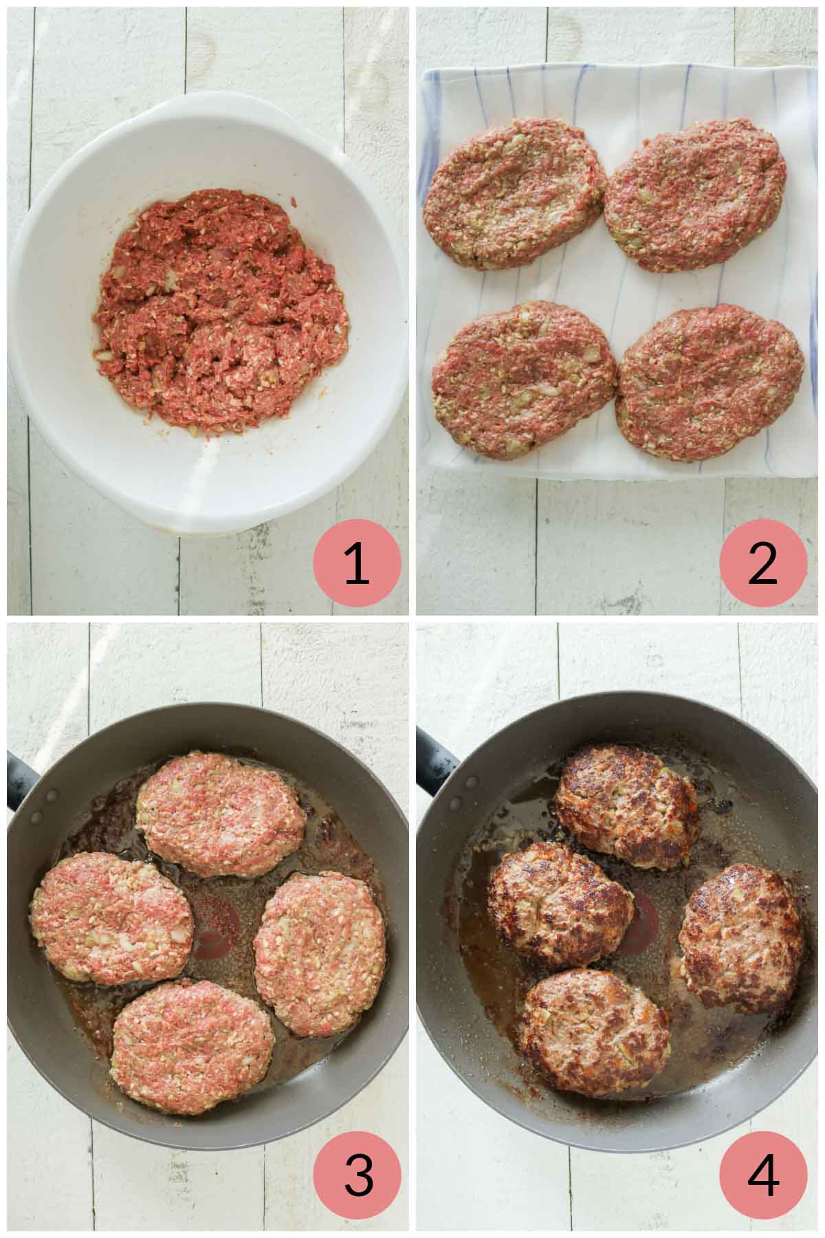 Collage of steps to make the patties for Salisbury steak and then pan frying the steaks.