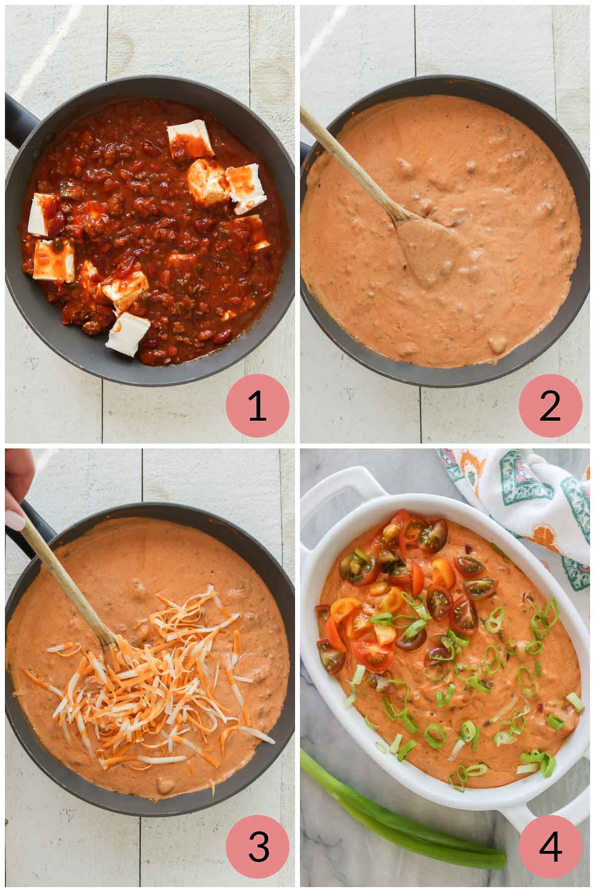 Collage of steps to make chili cream cheese dip.