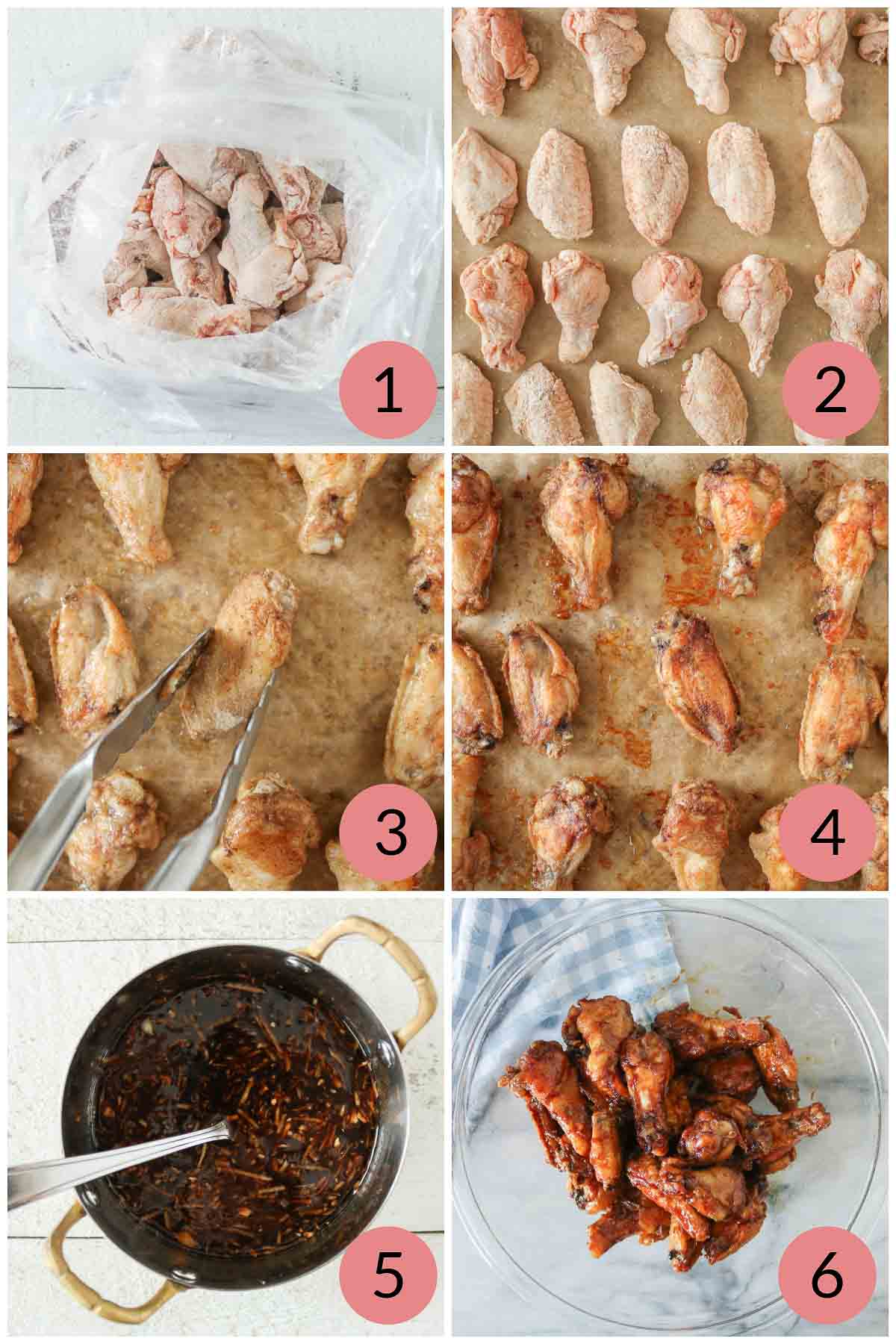 Collage of steps to make crispy baked wings with a soy sauce-based sauce.