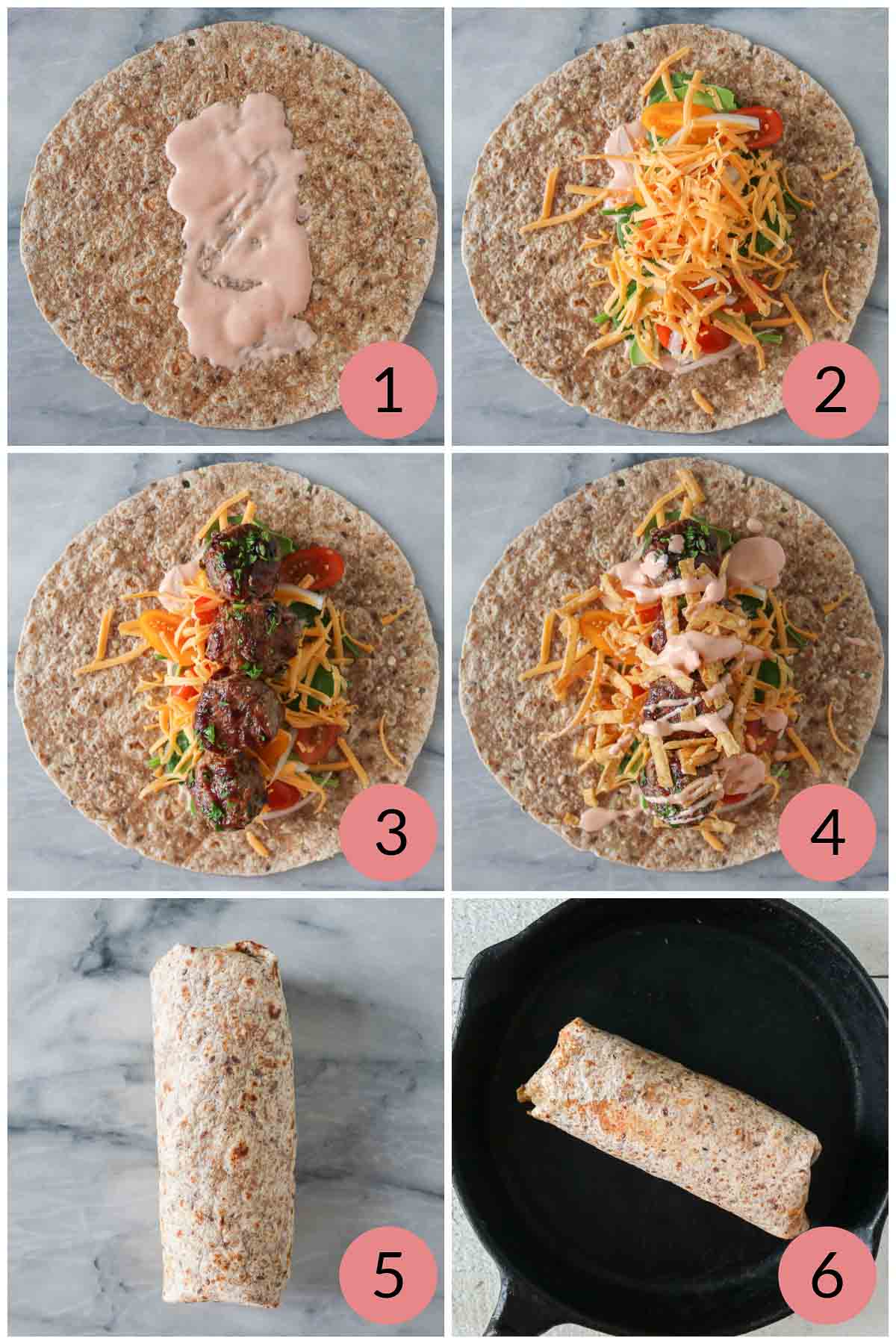 Collage of steps to make a meatball wrap recipe.