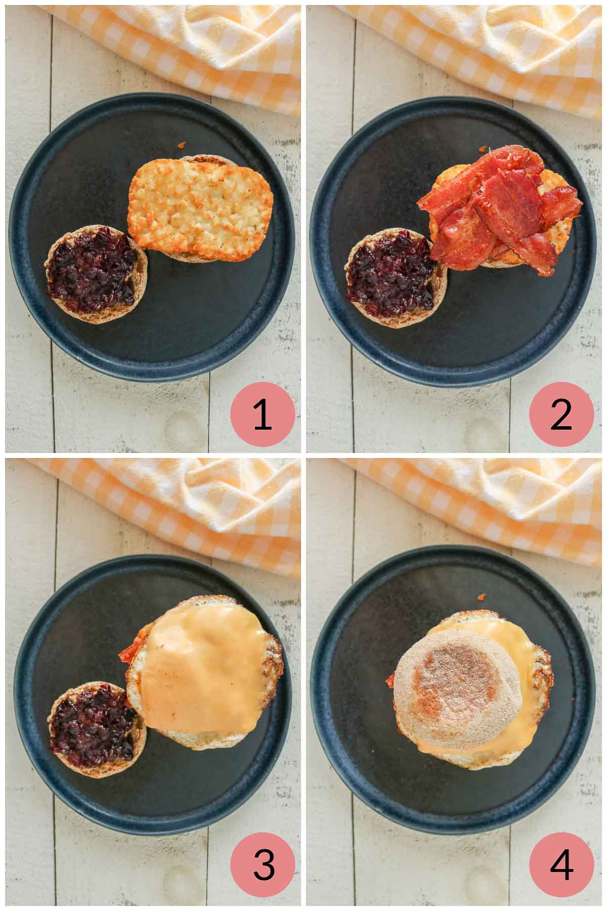 Steps to assemble a breakfast sandwich with a cheesy egg, hash brown patty and bacon.
