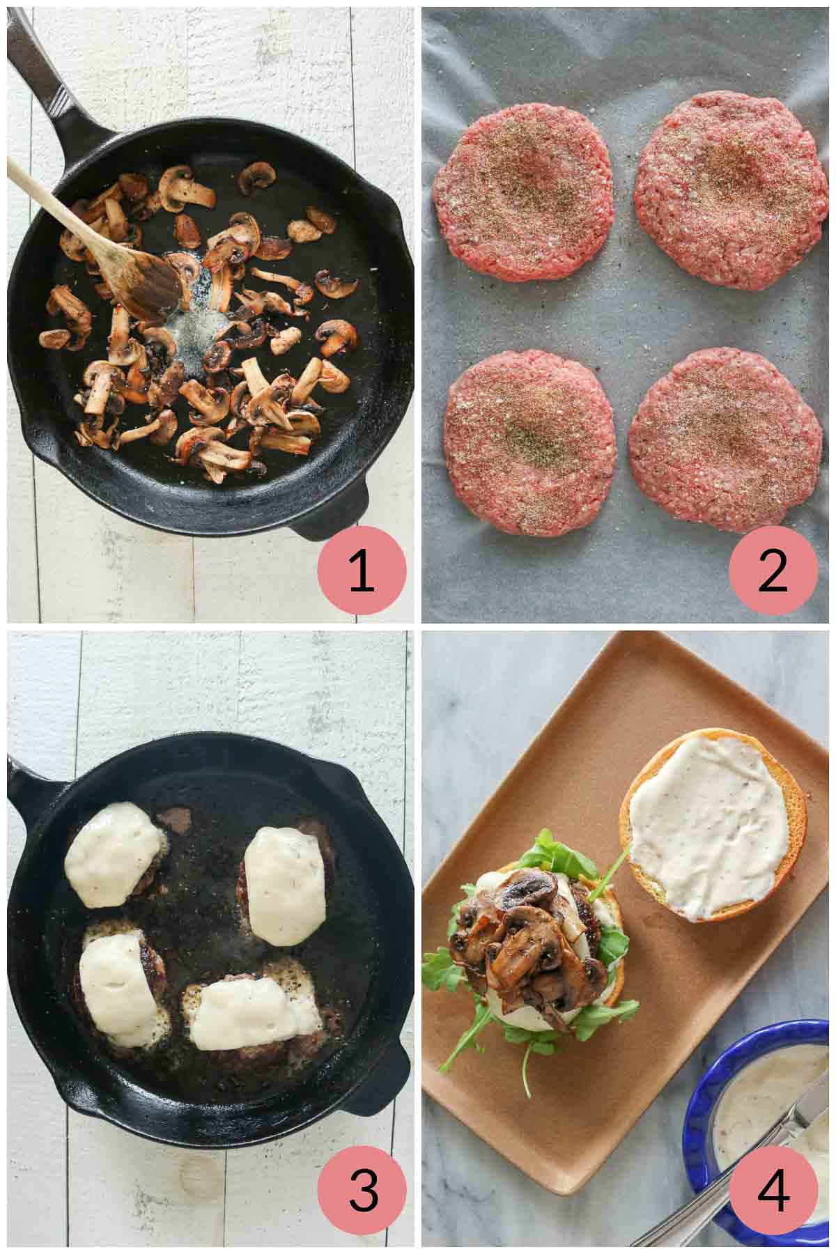 Collage of steps to make mushroom and Swiss cheese burgers.
