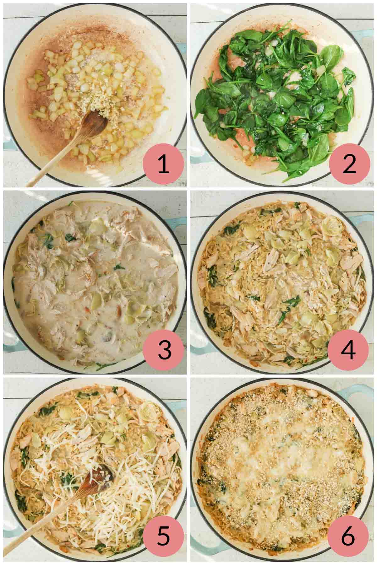 Collage of steps to make an orzo bake recipe with chicken, spinach and artichokes.
