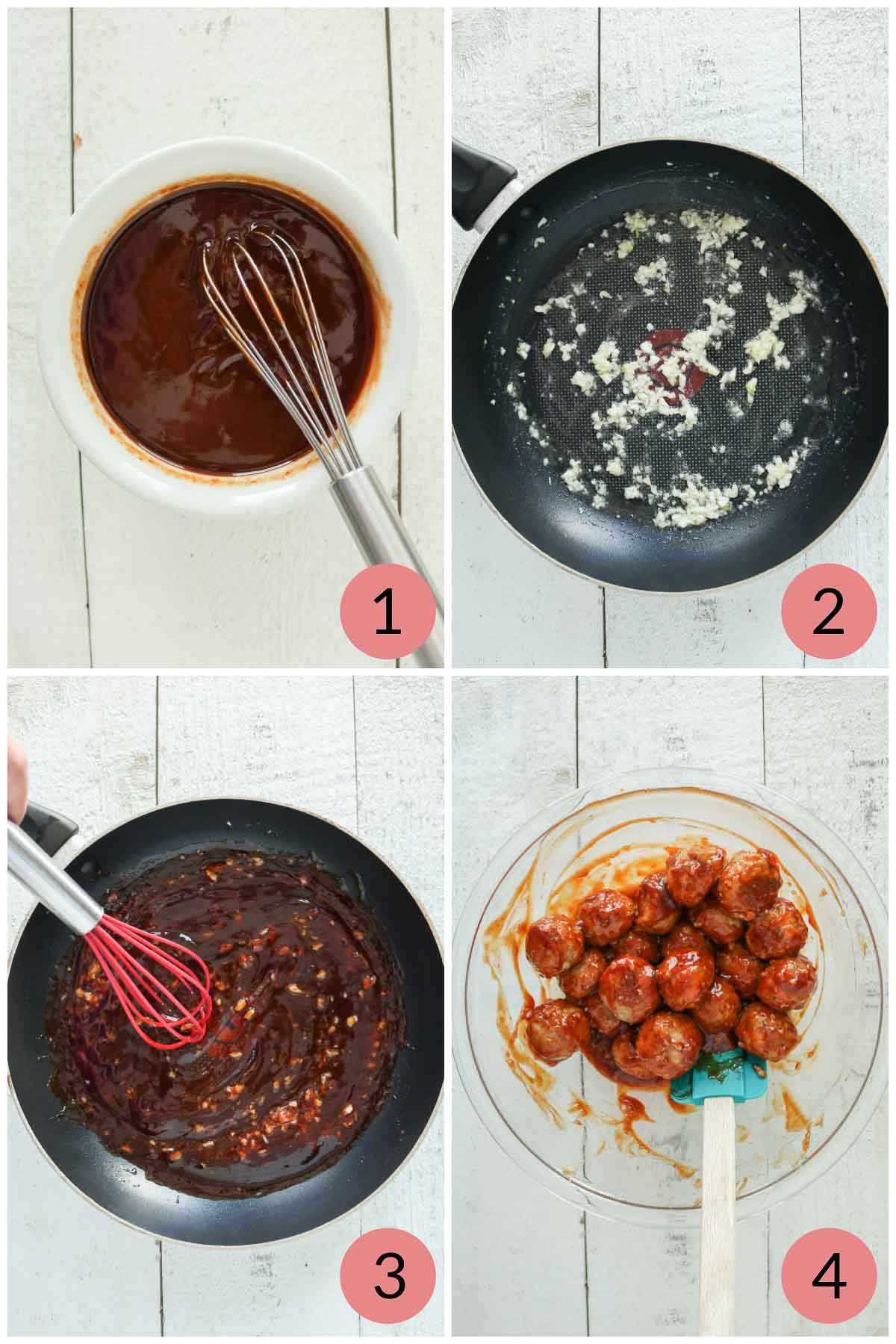 Collage of steps to make honey garlic sauce and combining it with pork meatballs.