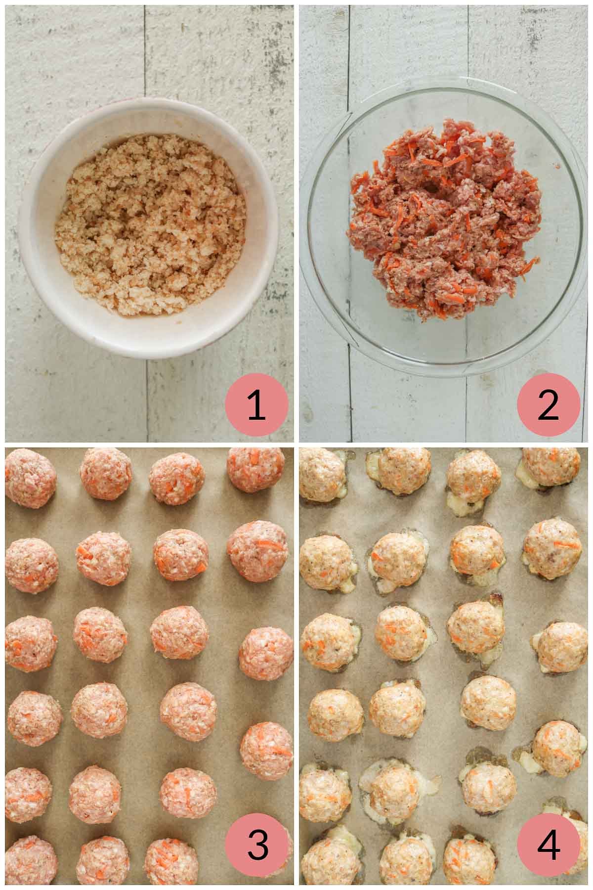 Collage of steps to make ground pork meatballs.