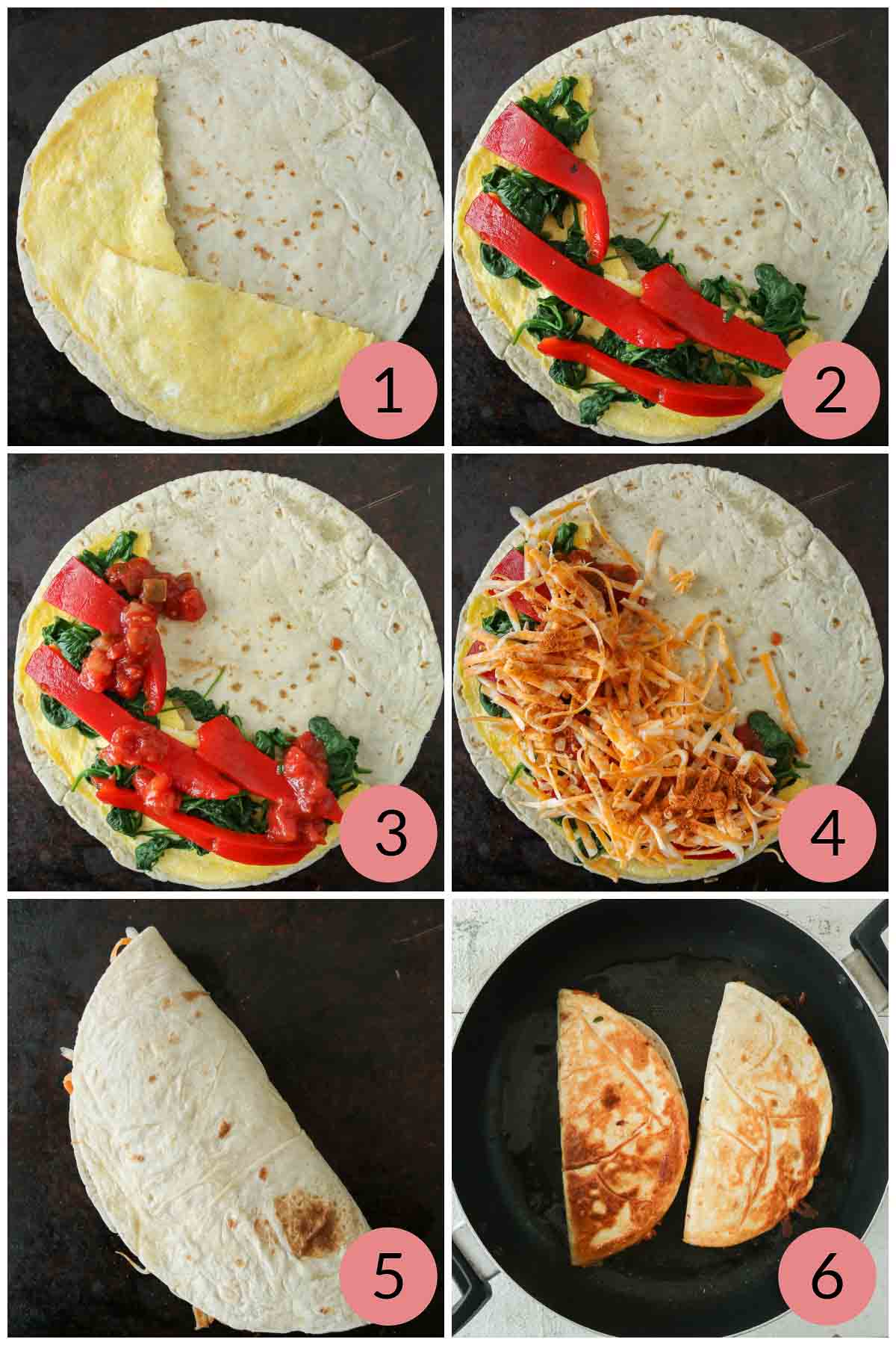 Collage of steps to assemble and pan fry breakfast quesadillas.