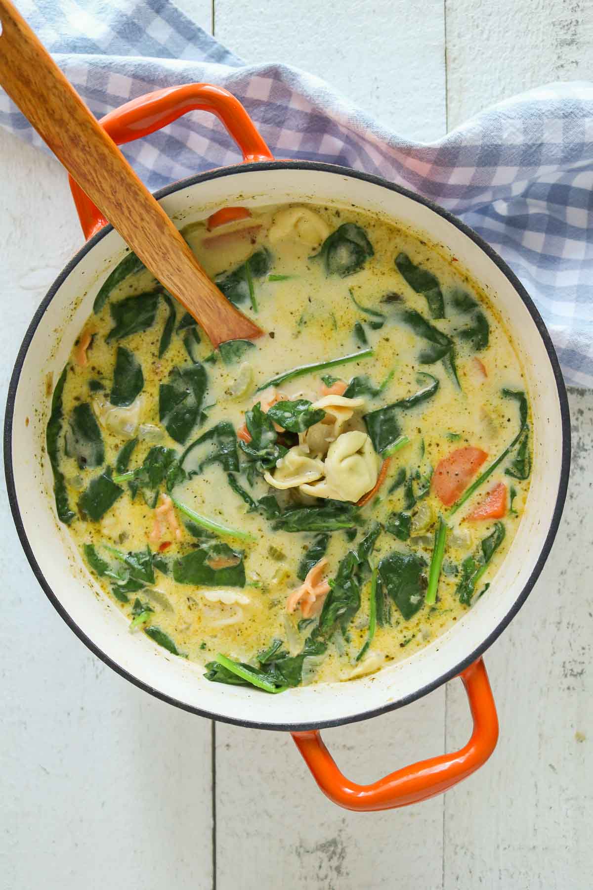 Pot of creamy vegetable tortellini soup with a ladle.