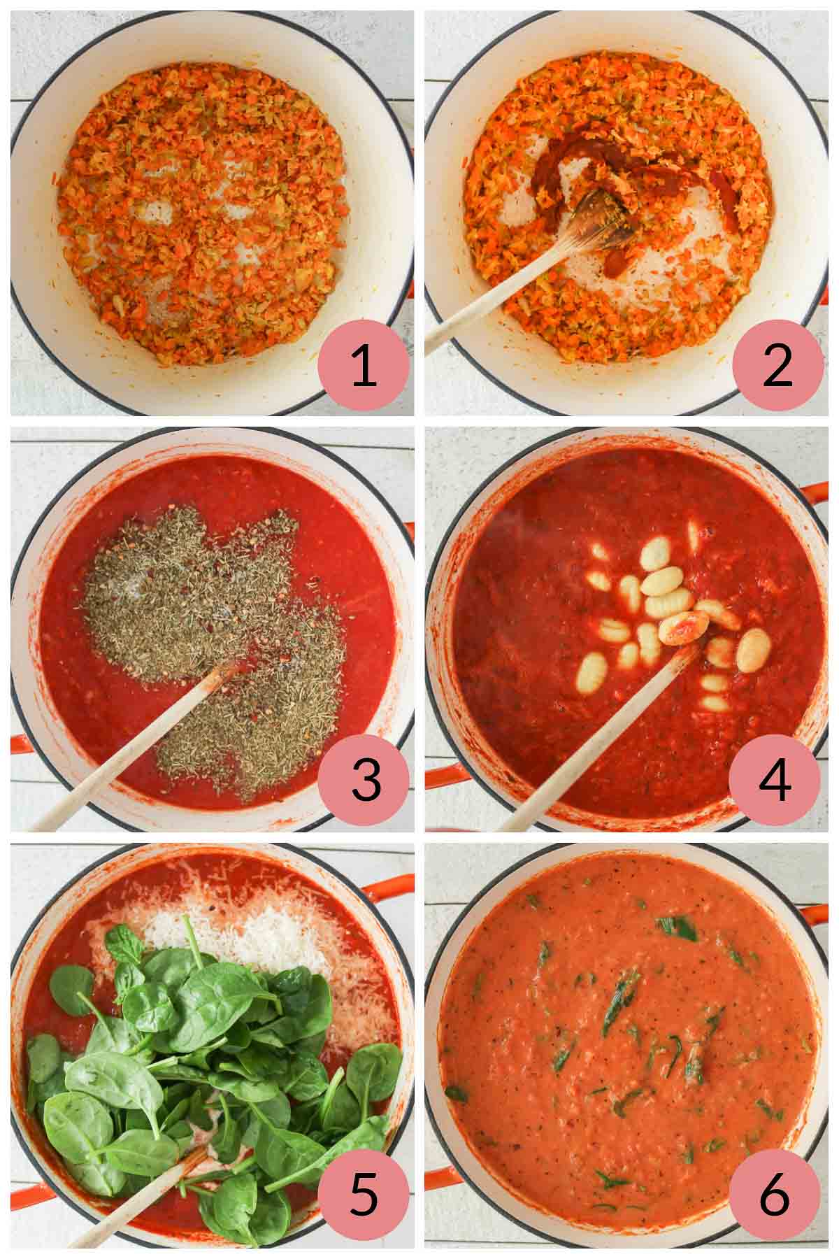 Collage of steps to make creamy tomato soup with gnocchi.