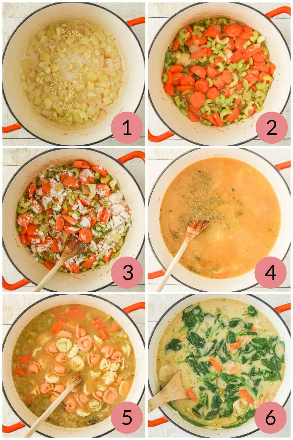 Collage of steps to make creamy vegetable tortellini soup.