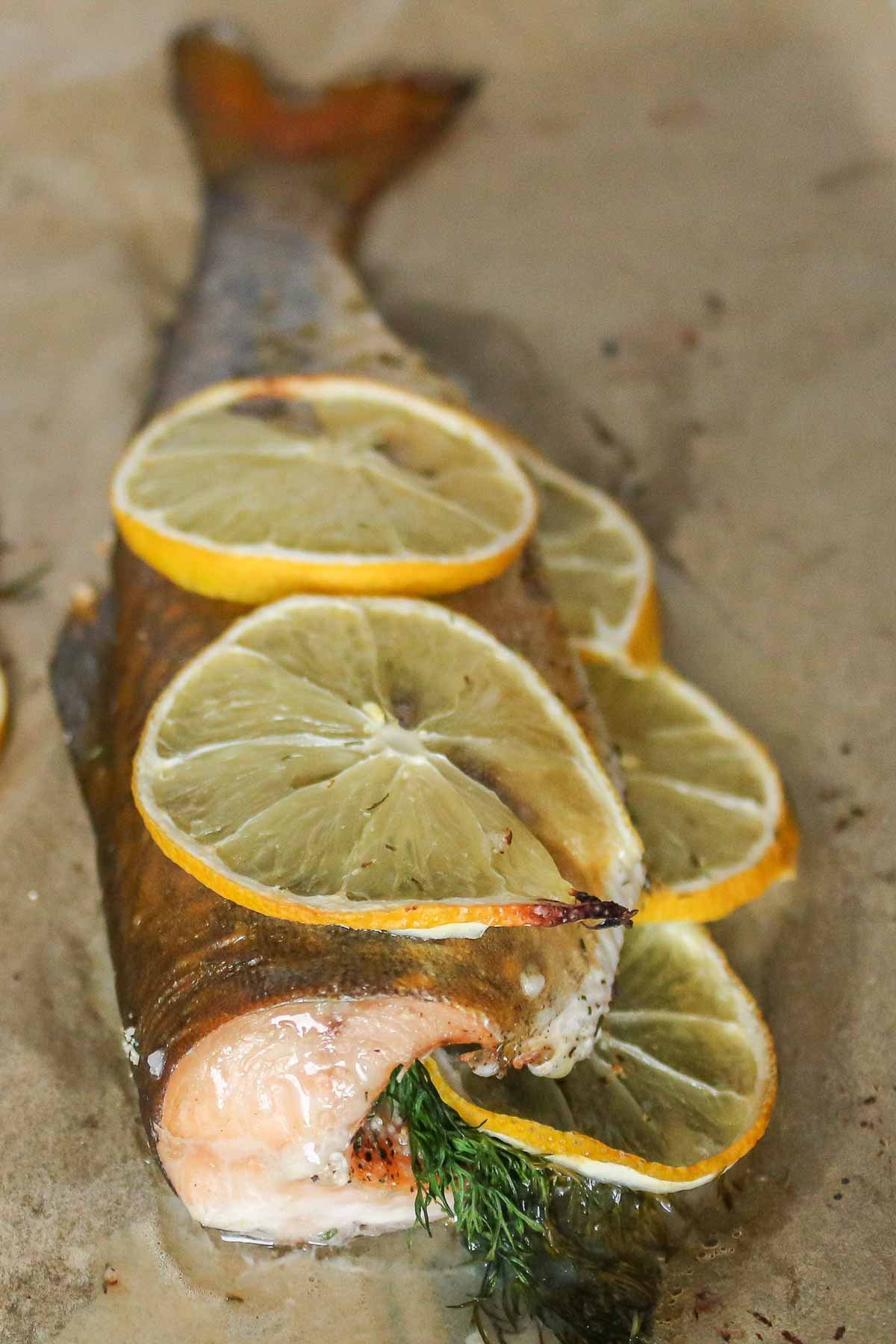 A baked trout with lemon and dill on a parchment paper-lined sheet pan.