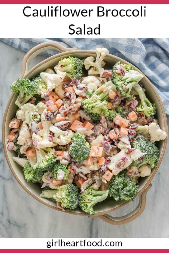 Cauliflower broccoli salad in a serving bowl.
