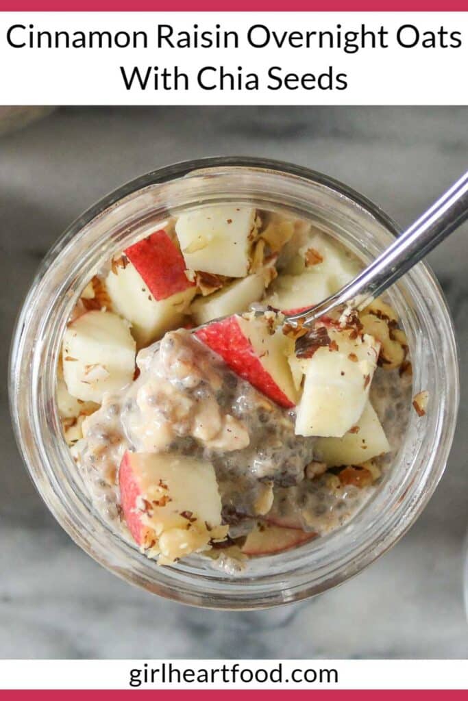 Jar of overnight oats with a spoon.