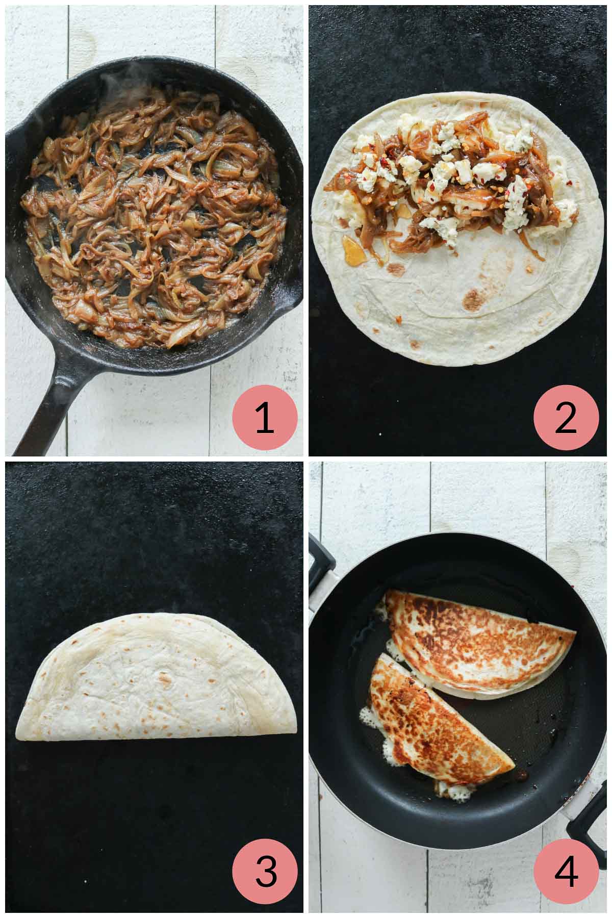 Collage of steps to make quesadillas with caramelized onions.
