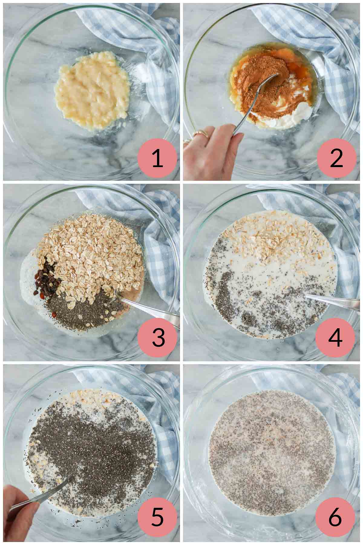 Collage of steps to make cinnamon raisin overnight oats with chia seeds.