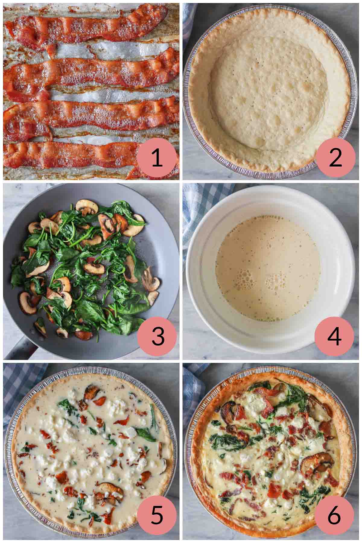 Collage of steps to make a quiche recipe.