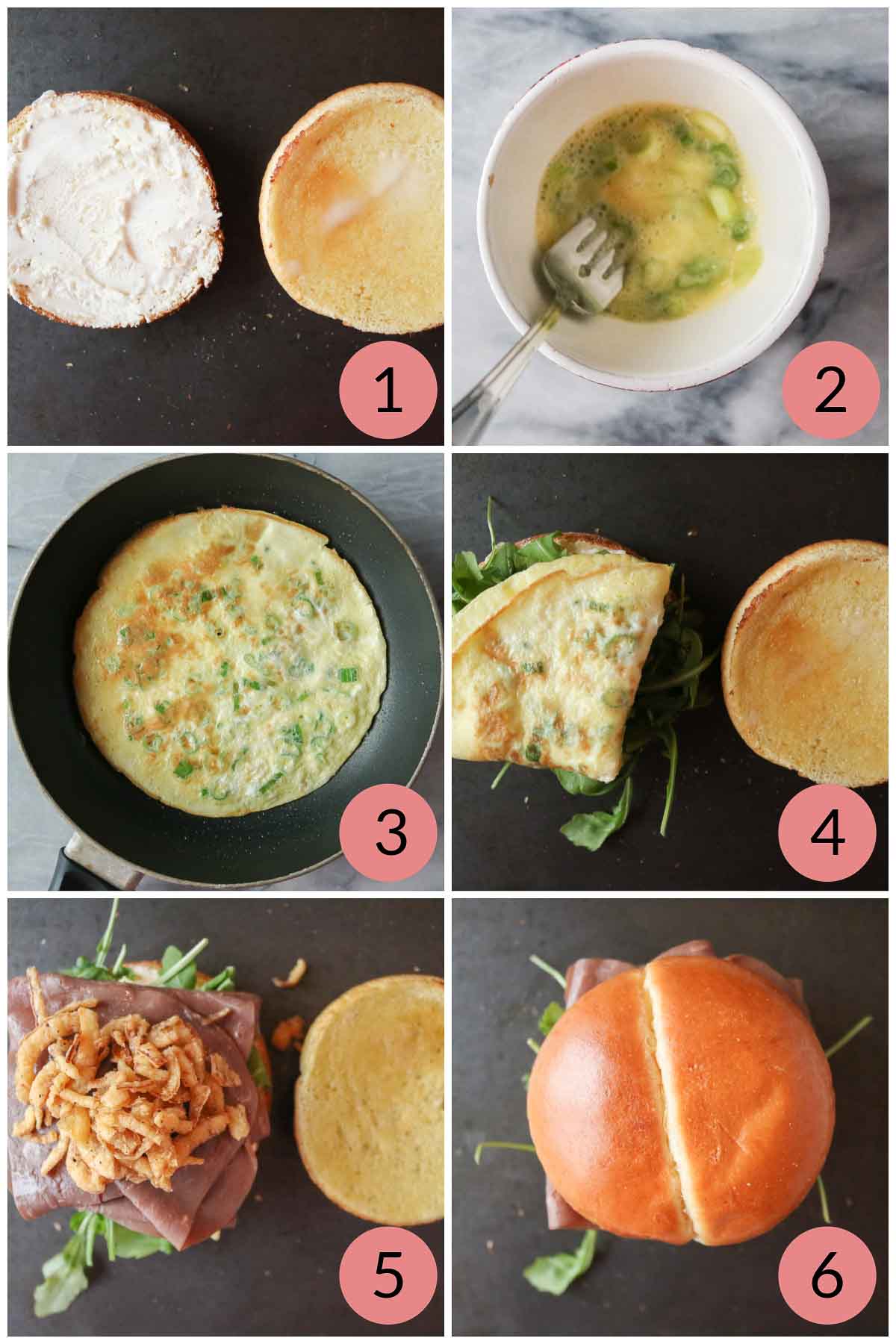 Collage of steps to make a roast beef and egg sandwich recipe.
