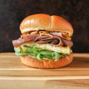 Roast beef and egg sandwich.