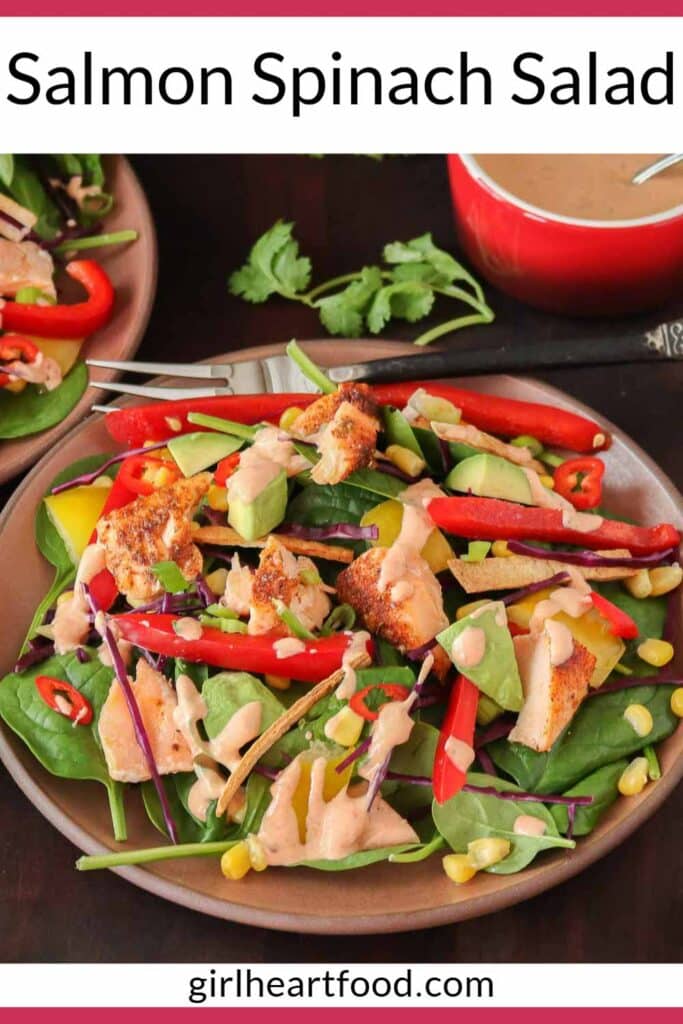 Salmon spinach salad in a bowl drizzled with chipotle dressing.