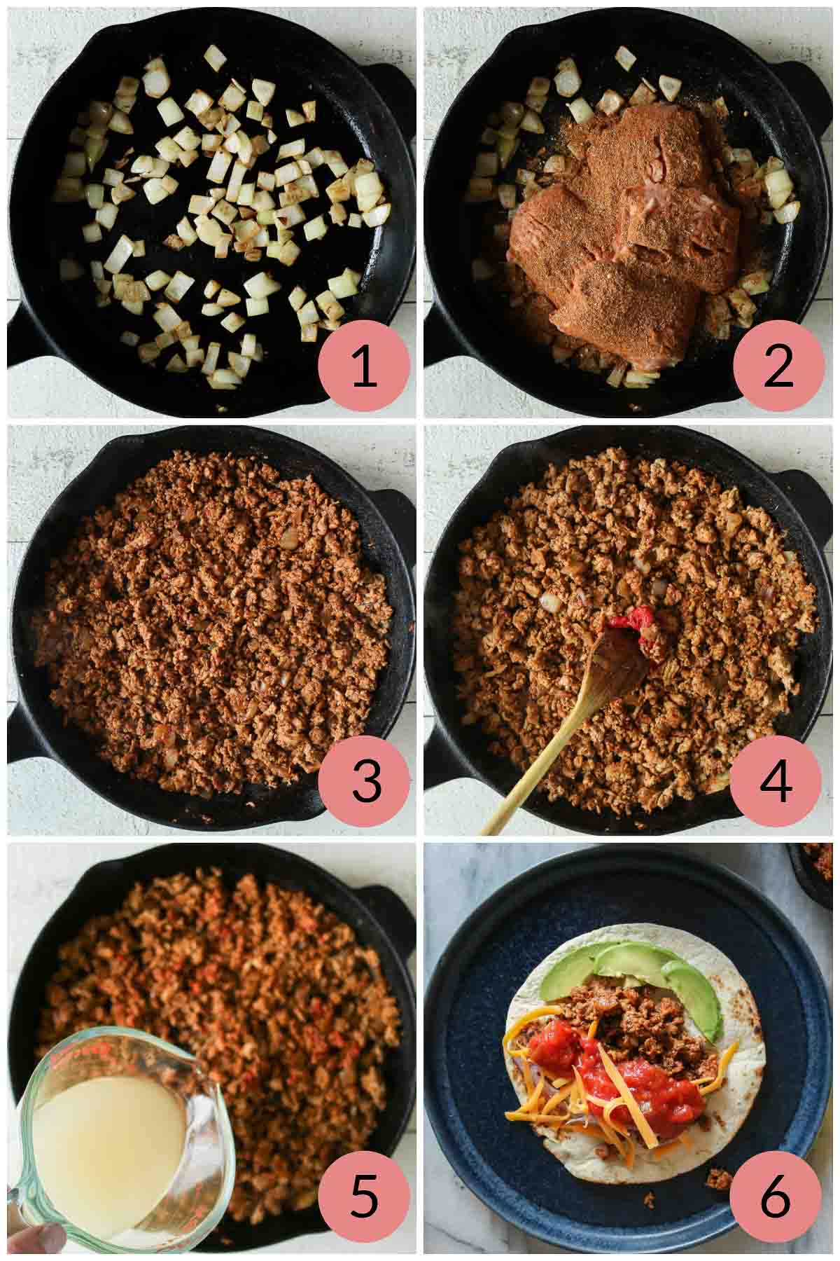 Collage of steps to make a ground chicken taco recipe.