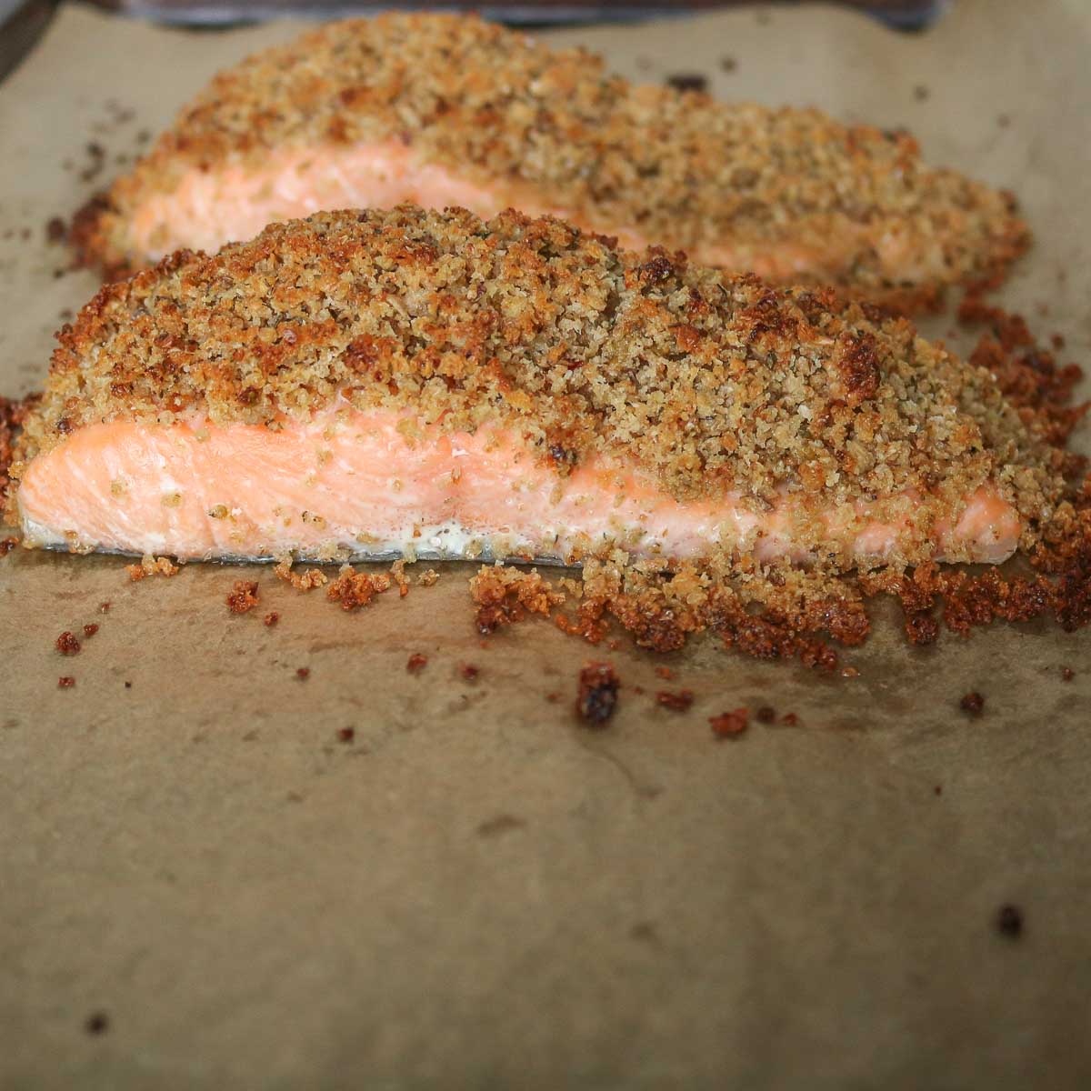 Two portion of baked salmon with bread crumb topping on a sheet pan.