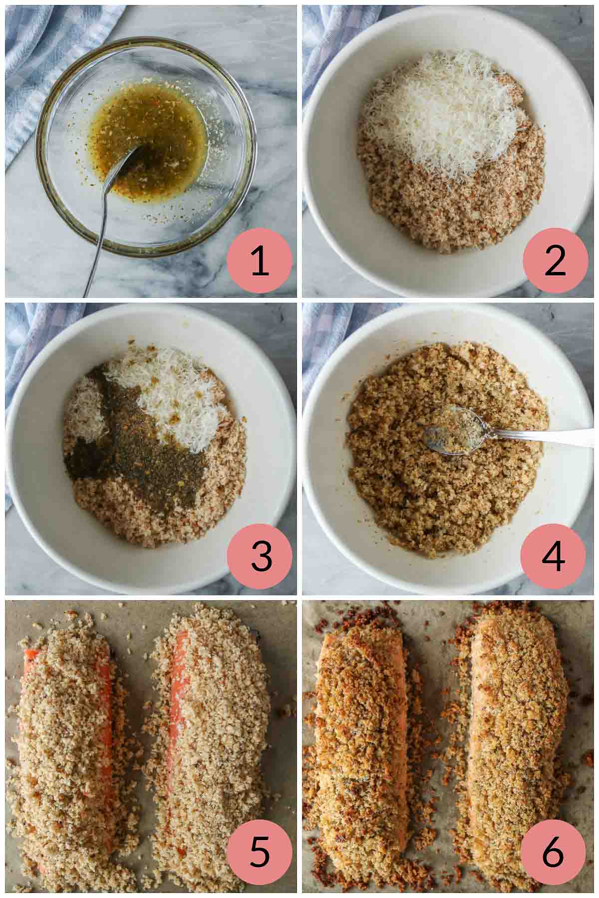 Steps to make a bread crumb topped salmon recipe.