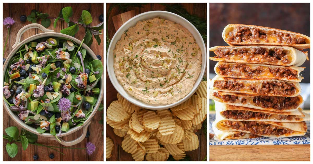 Collage of recipes: blueberry spinach salad, dip with chips and stack of quesadillas.