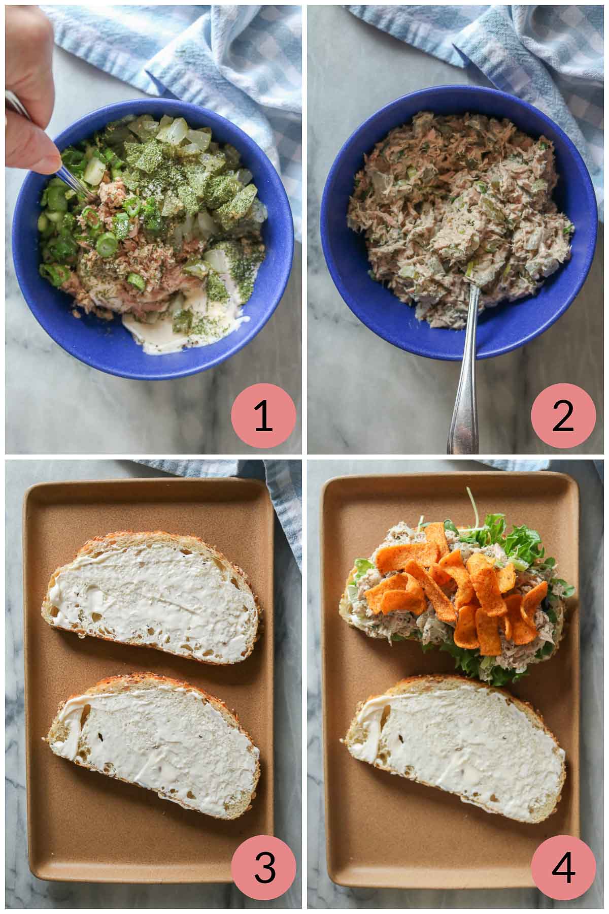 Collage of steps to make a dill pickle tuna salad sandwich recipe.