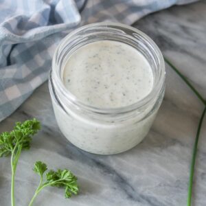 Homemade ranch dressing in a jar.