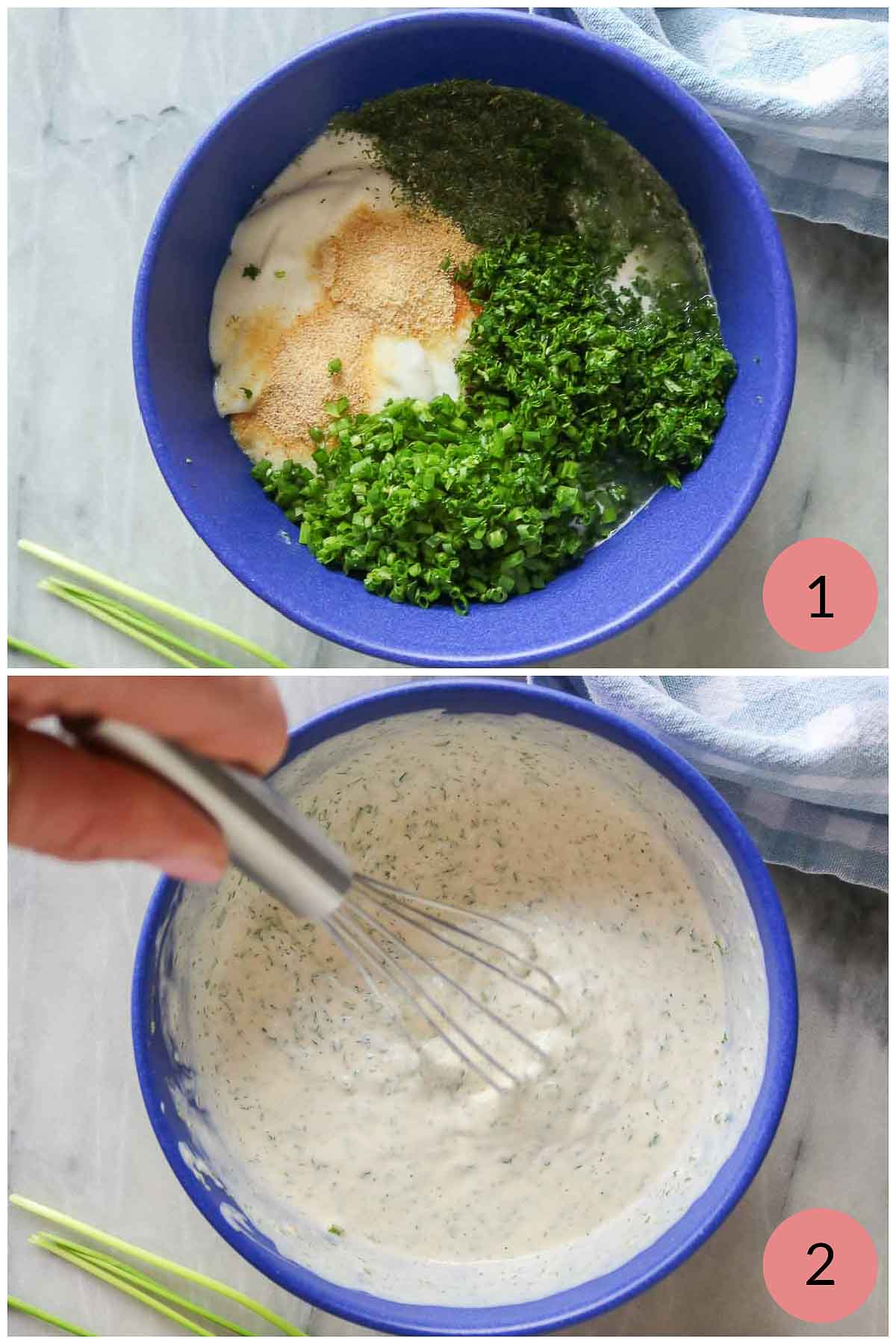 Collage of steps to make a homemade ranch dressing recipe.