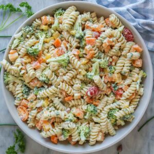 Vegetable pasta salad in a serving bowl.
