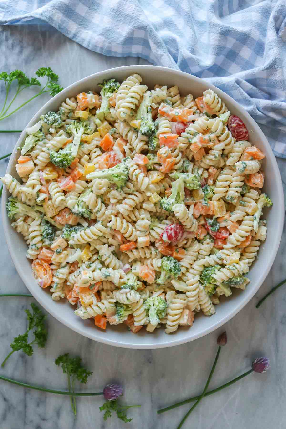 Vegetable pasta salad in a serving bowl.