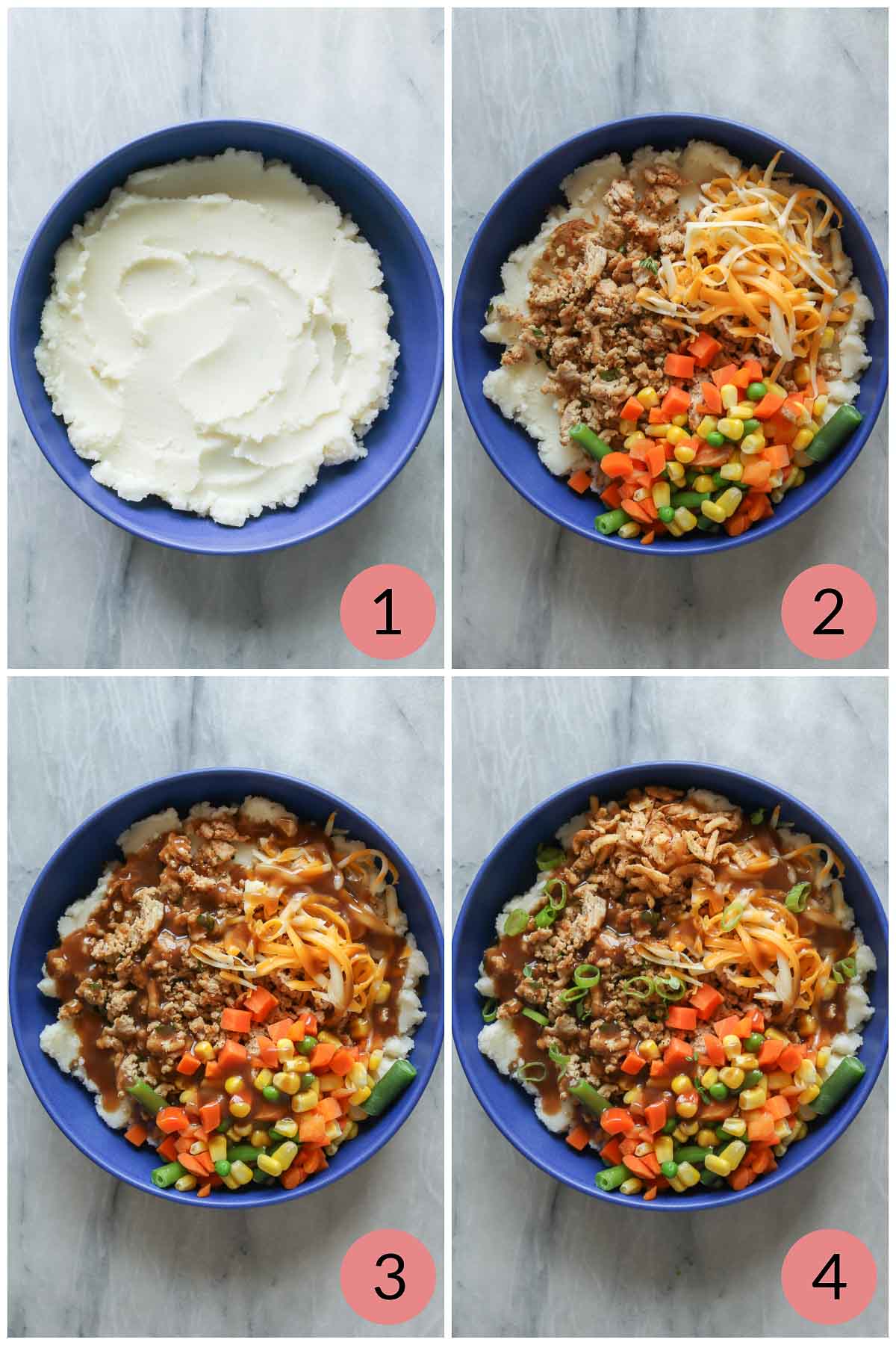 Collage of steps to assemble a ground chicken mashed potato bowl.
