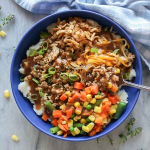 Ground chicken mashed potato bowl with a spoon.